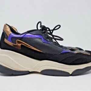 Geox Respira Womens Kirya Sneakers Black‎ Metallic Purple Leather Lace Up Gold 9